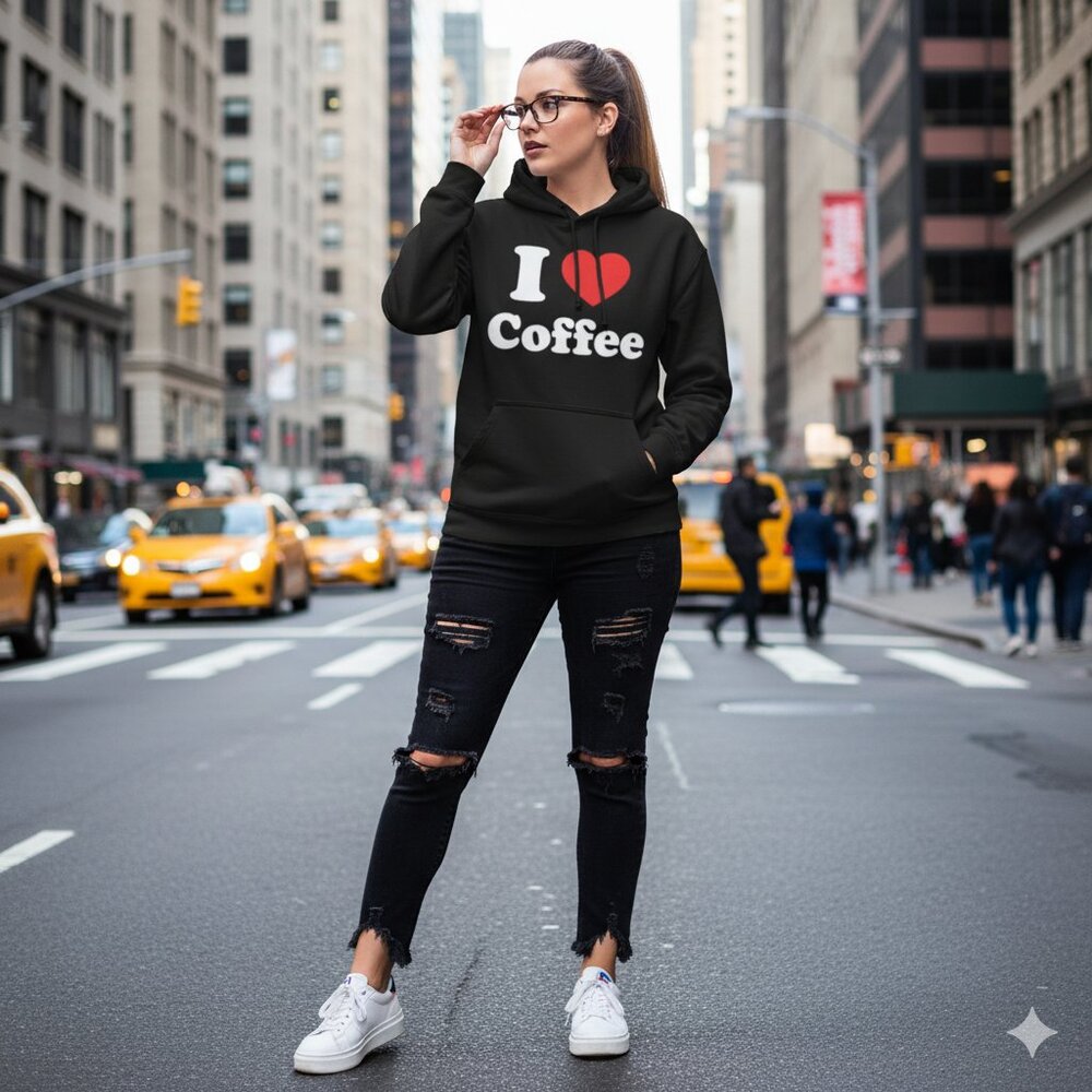 "I ❤️Coffee" Black Graphic Long Sleeve Fleece Inside Hoodie